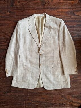 Canali Beige Plaid Silk, Wool, Linen-Blend Blazer